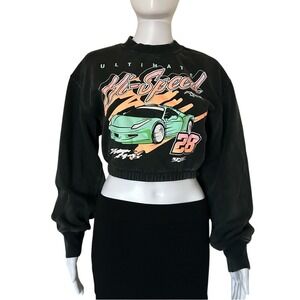 ⭐ Divided H&M Cropped Sweatshirt Black Wash Distressed Race Car Graphic XS